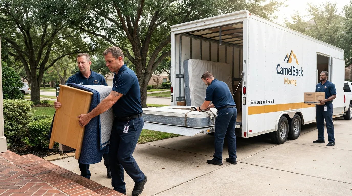 Crew loading residential truck for cross-state move from Laredo, TX
