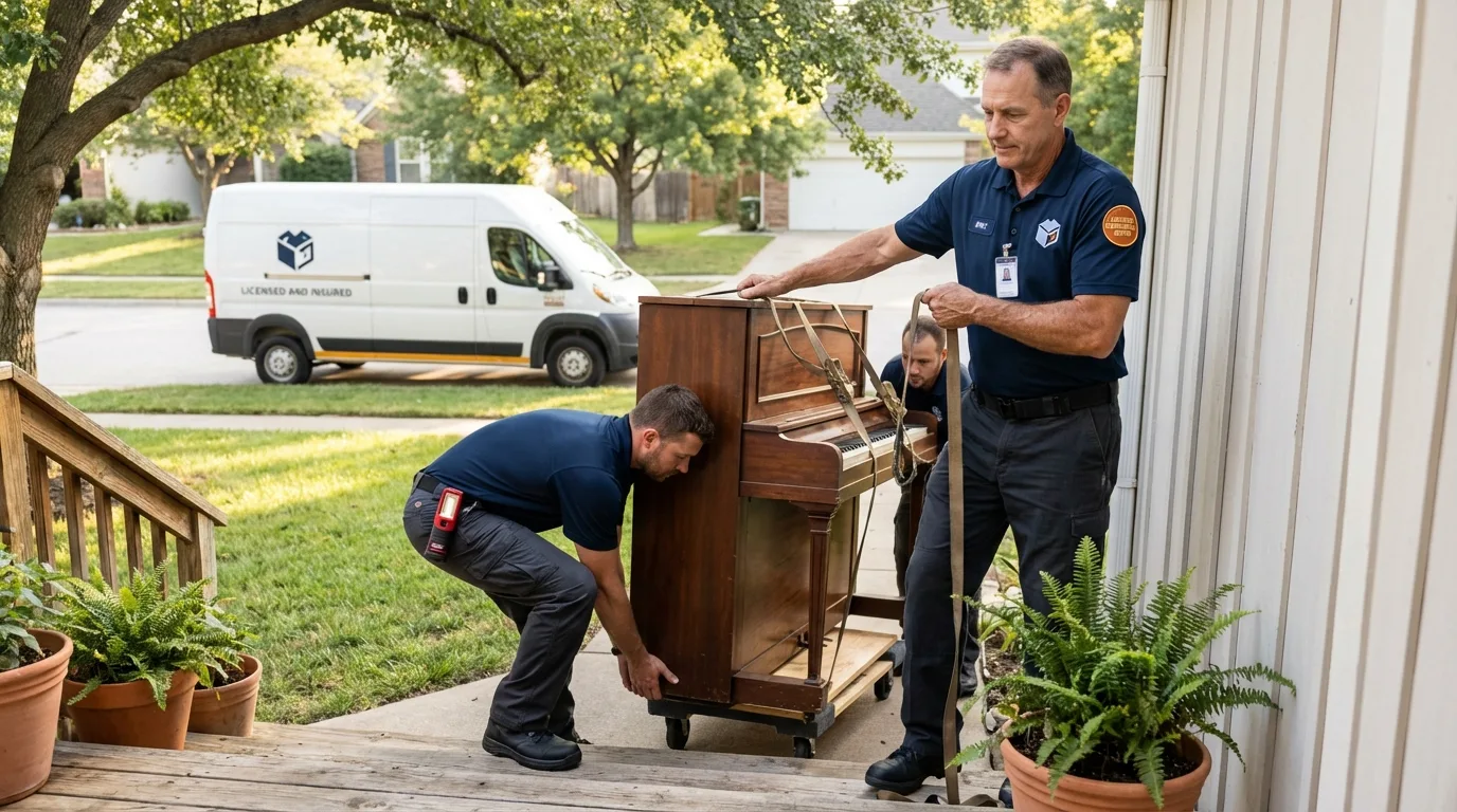 Licensed piano movers securing grand piano in Laredo, TX