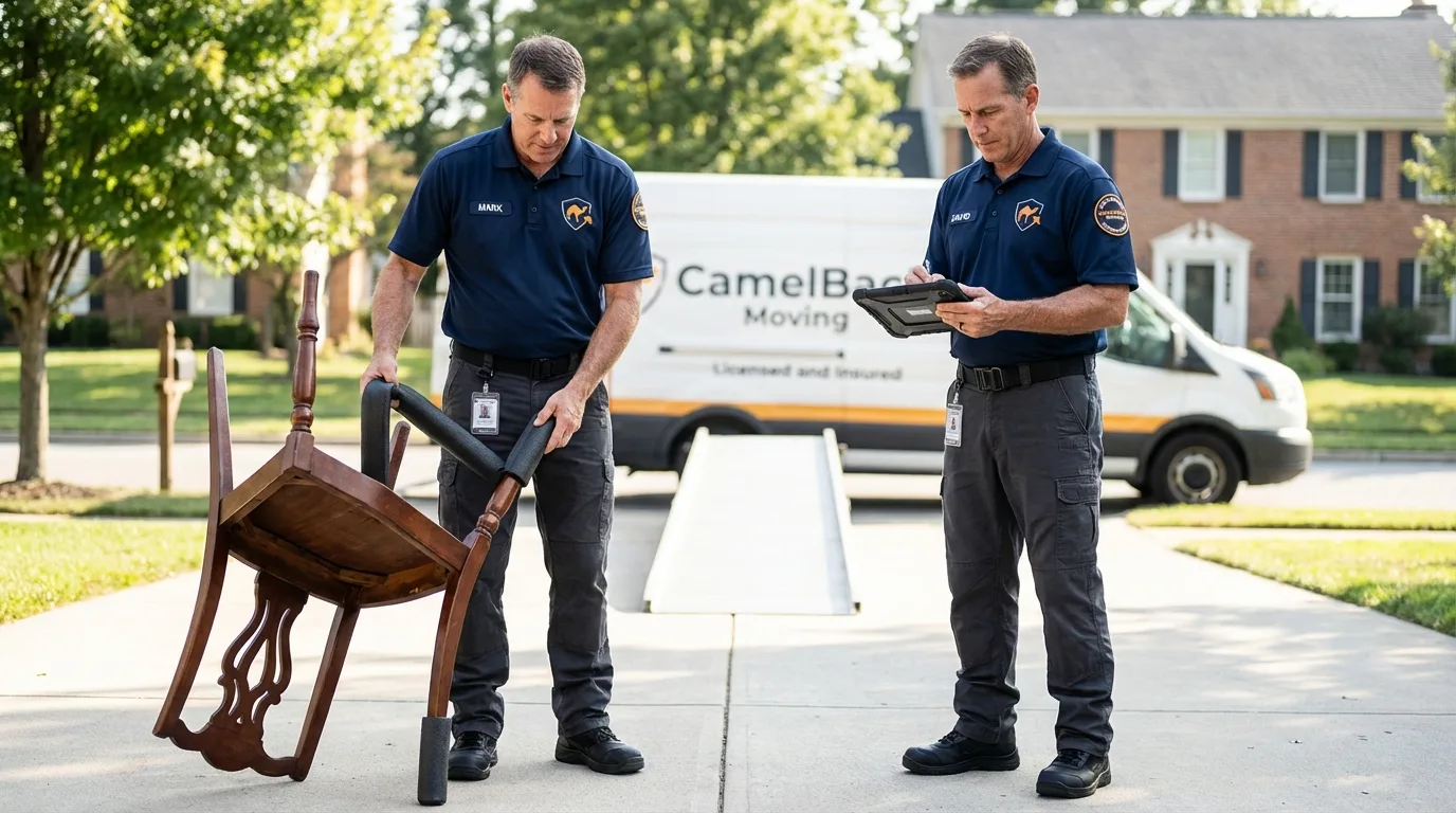 Movers inspecting furniture for damage prevention before loading in Laredo, TX